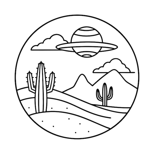 a circle with a planet and a cactus in the background