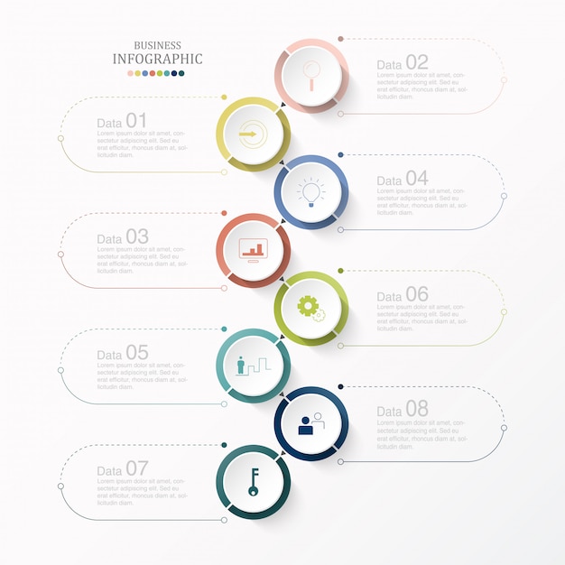 Circles infographic and icons with 8 steps.