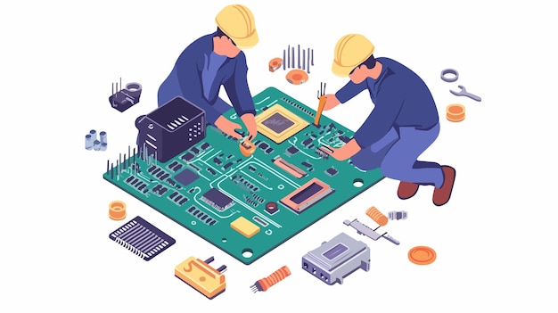 Vector circuit board repair concept skilled repairman fixing professional electronics