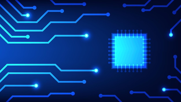 Circuit board with chip on blue lighting background. technology and hi tech graphic design element