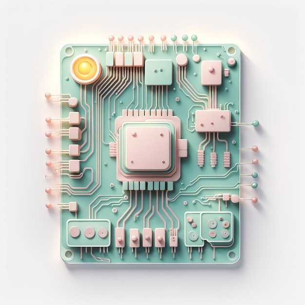 Vector circuit board with microchip computer technology 3d rendering