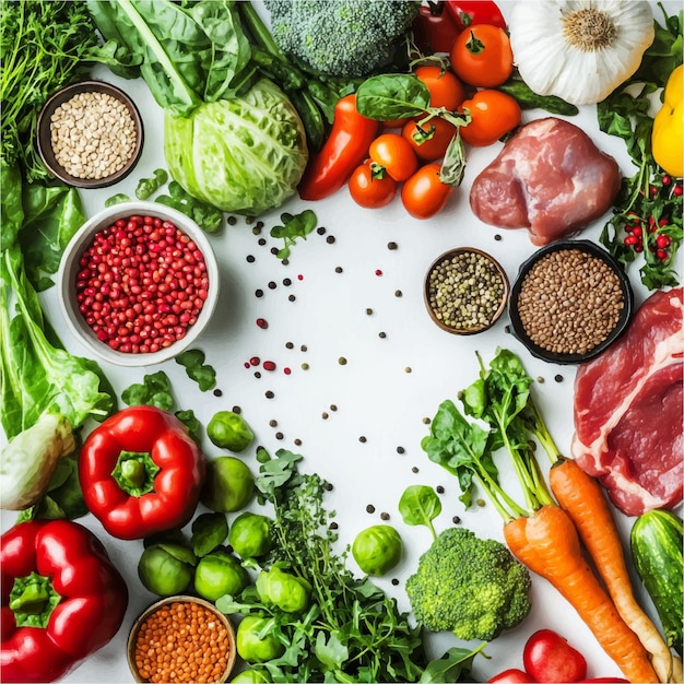 Vector circular arrangement of fresh vegetables and meats on white background representing balanced diet