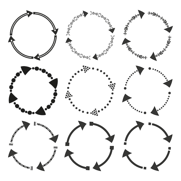 Circular arrow icons Decorative arrow set Black and white Vector elements