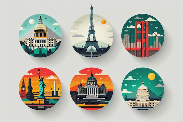 Vector circular badges prominently featuring landmarks