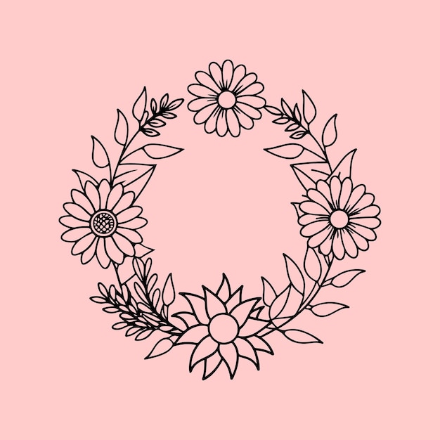 A circular black and white outline drawing of a floral wreath