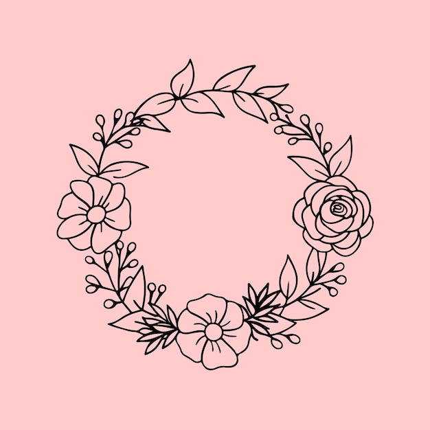 A circular black and white outline drawing of a floral wreath