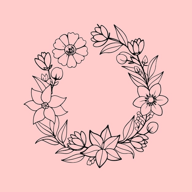 A circular black and white outline drawing of a floral wreath