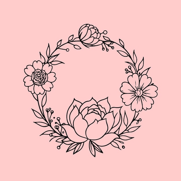 A circular black and white outline drawing of a floral wreath