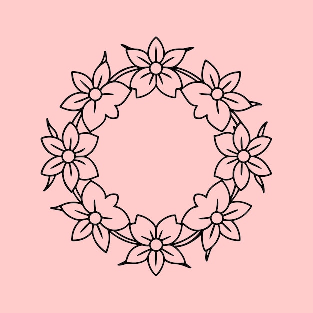 A circular black and white outline drawing of a floral wreath