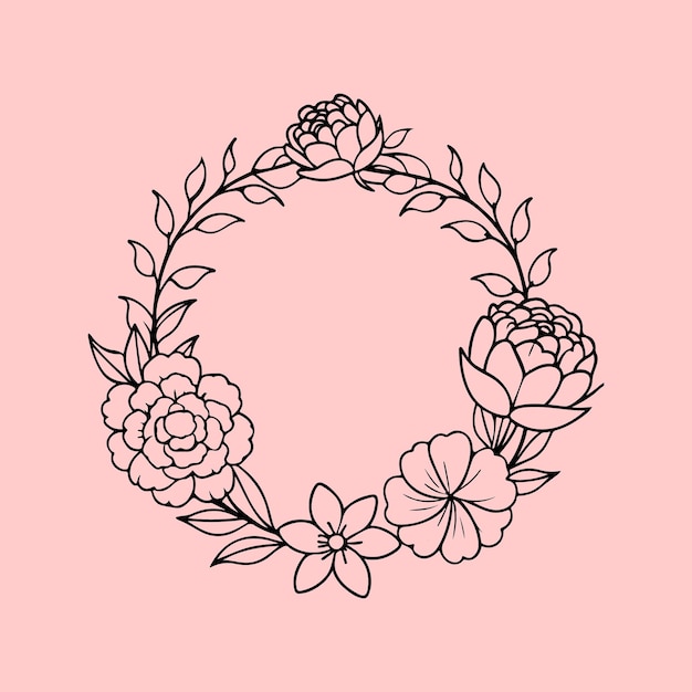 A circular black and white outline drawing of a floral wreath