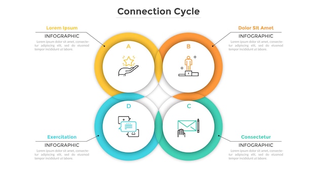 Circular chart consisted of 4 intersected or overlapping round elements. Concept of production cycle with four stages. Creative infographic design template. Vector illustration for business report.