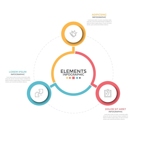 Circular chart. Three colorful round elements with linear symbols inside placed around central one. Concept of 3 business options to choose. Minimal infographic design template. 