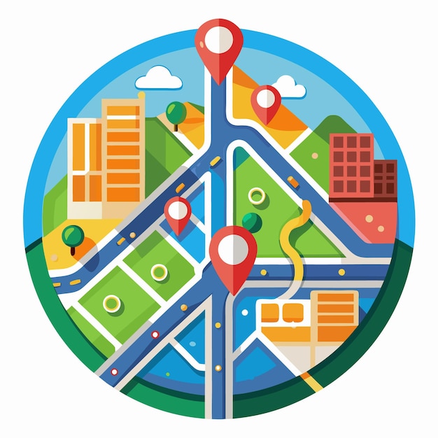 Vector circular city map with four location markers