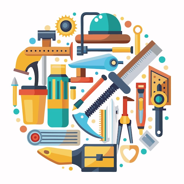 Circular colorful illustration featuring a collection of various tools including a pencil screwdriver wrench pliers hammer ruler and more arranged in a circular pattern on a white background