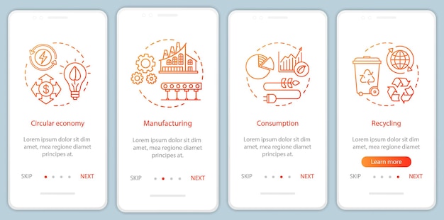 Circular economy onboarding mobile app page screen with linear concepts