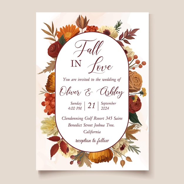 Vector circular frame wedding invitation template with autumn flowers and leaves