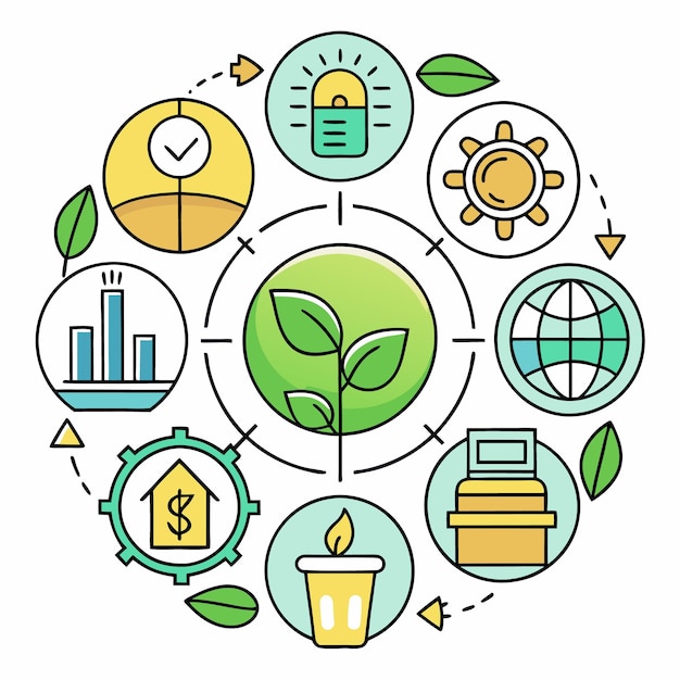 Vector circular illustration of green growth with business and environment icons