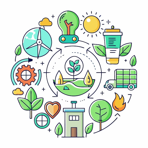 Circular illustration with icons representing nature energy sustainability and technology