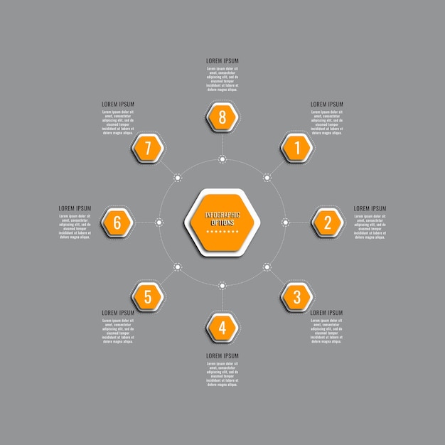 Circular infographic template with eight orange hexagonal elements on a grey background