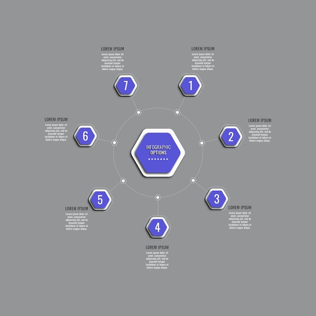 Circular infographic template with seven violet hexagonal elements on a grey background