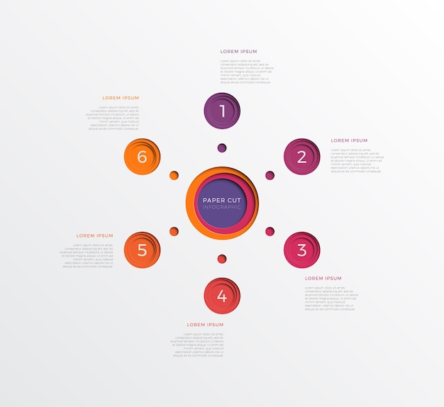 Circular infographic template with six paper cut realistic round elements on a white background