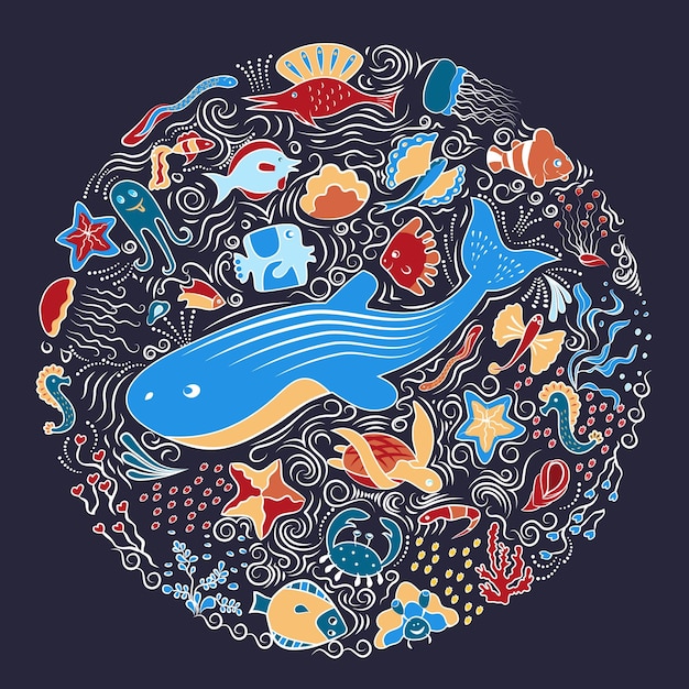 Circular ornament from sea animals fish