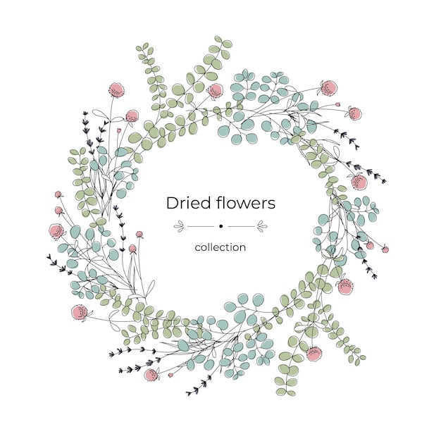 Circular pattern of dried flowers wreath lavender, eucalyptus, gomphrena. Concept for postcard