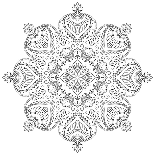 Circular pattern in form of mandala with flower for Henna, Mehndi, tattoo, decoration. Decorative ornament in ethnic oriental style. Outline doodle hand draw vector illustration.