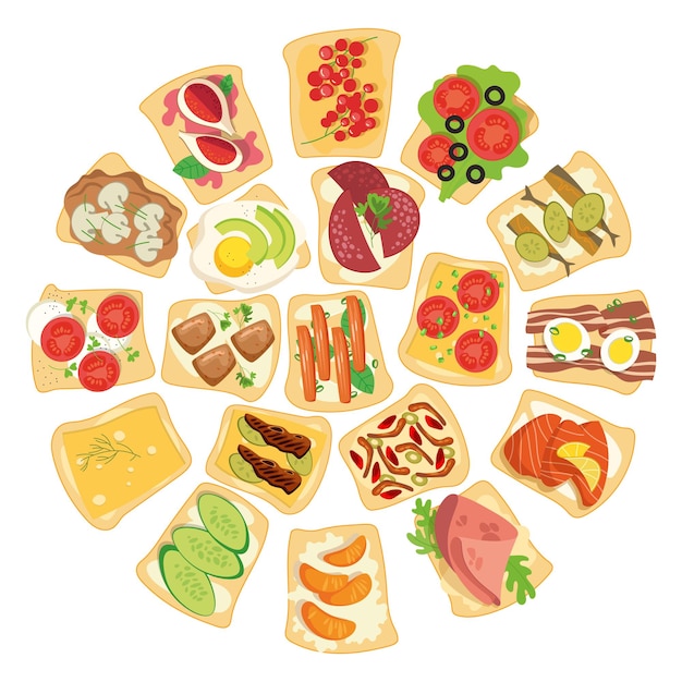 Circular pattern with tasty healthy toasts vector illustration