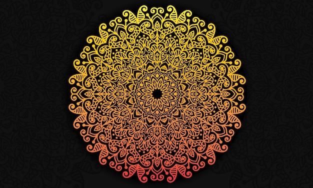 A circular pattern with a yellow and red swirls on a black background.