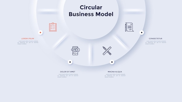 Circular pie chart divided into 4 sectors Concept of four stages of strategic analysis Neumorphic infographic design template Modern vector illustration for business information visualization