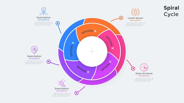 Circular pie diagram divided into 5 swirling colorful parts. Concept of five features of business project. Simple infographic design template. Flat vector illustration for presentation, report.