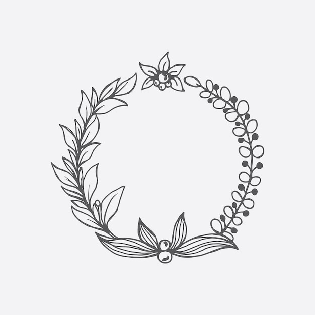 Circular plant ornament hand drawn illustration in black and white concept