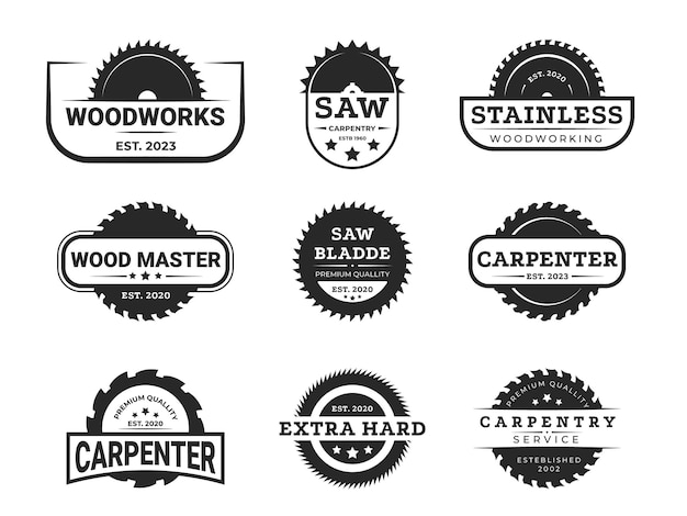 Circular saw carpentry logo Industrial saw blade silhouettes for logo design carpentry professional service and cutting wood equipment symbols Vector isolated