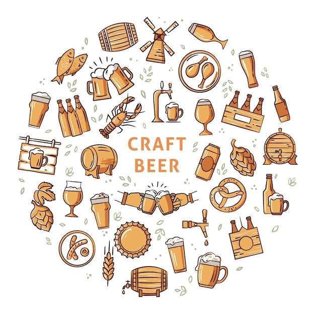 Circular style a large set of colorful icons on the topic of beer its production and use in vector.