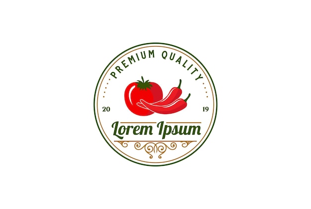 Circular Vintage Retro Red Chili and Tomato for Product Farm Label Logo Design Vector