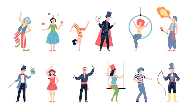 Circus actors show artist and mime Clowns flat carnival festival characters Street theater performer people in costumes recent vector set