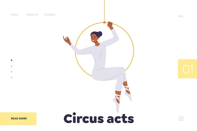 Vector circus acts landing page design template with charming beautiful woman aerial gymnast on hoop