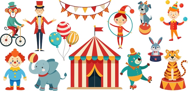 Vector circus animals and objects flat vector set