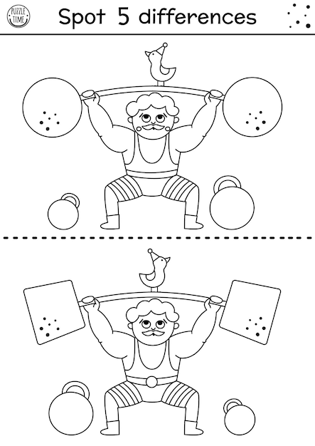 Circus black and white find differences game Educational activity with strongman lifting weights Amusement show line puzzle for kids with funny athlete Festival printable coloring pagexA