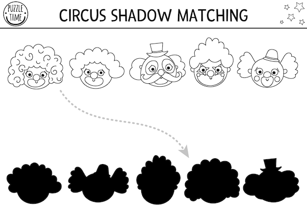 Circus black and white shadow matching activity with cute clown faces Amusement show line puzzle Find correct silhouette printable worksheet or game Entertainment coloring pagexA