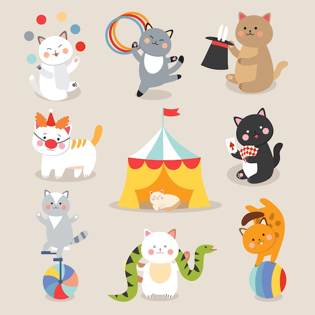 Circus cats vector. Set of cheerful circus cats