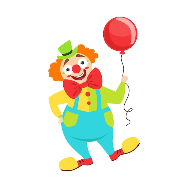 Circus Clown Artist In Classic Outfit With Red Nose And Make Up Holding A Balloon In The Show