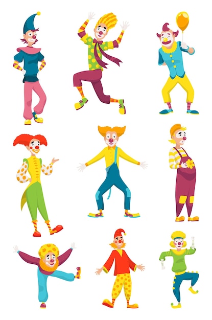 Vector circus clowns set kids holiday character entertainment artists jester performers shapito circus show entertainers in funny costume wig makeup and red nose performers artist in classic outfit