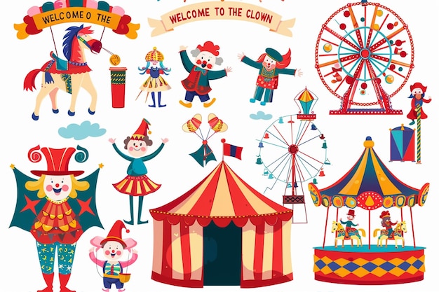 Vector circus clowns tents carousels