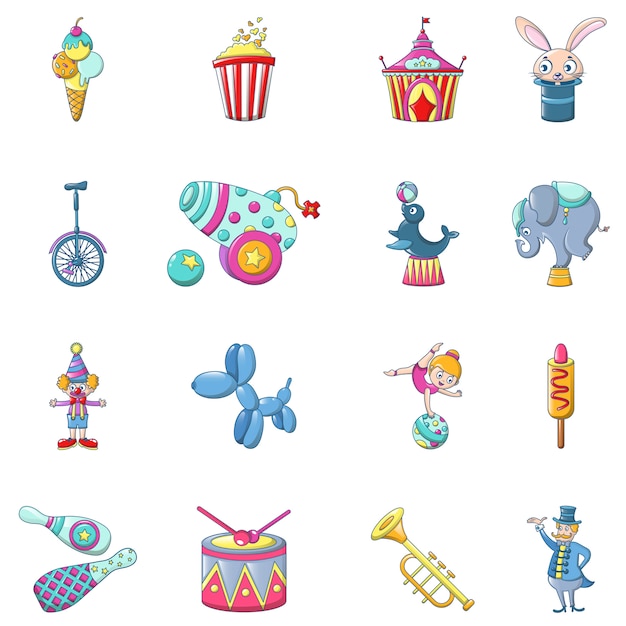 Circus fun show icons set