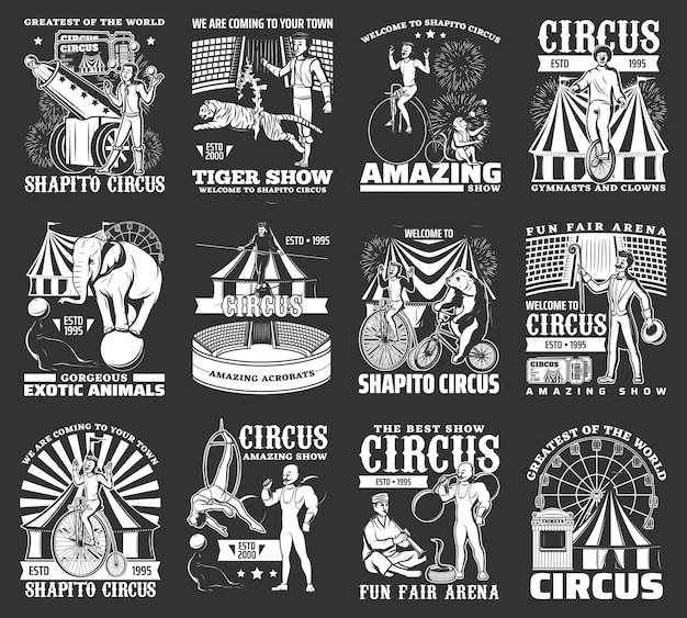 Circus icons monochrome funfair carnival vintage