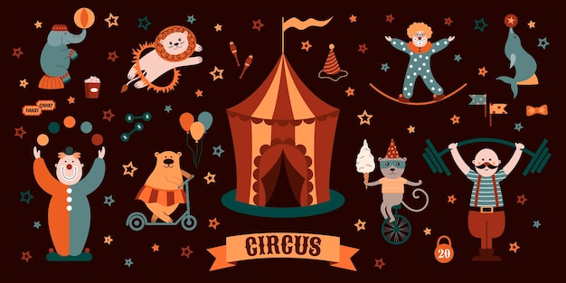 Circus objects collection rabbit, clown, bear, lion, elephant, seal