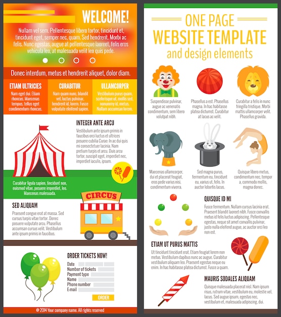 Circus one page website template and design elements