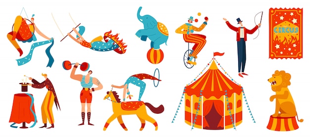 Circus performance, acrobats and trained animals,   illustration